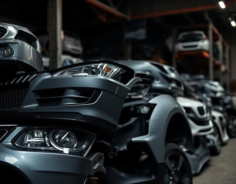 Car body parts and accessories in a spare parts warehouse